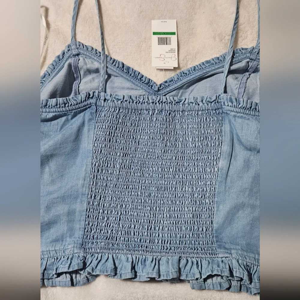 NWT Jessica Simpson Cropped Spaghetti Strap W/ Shell Detail Denim Top; Size L - Picture 10 of 12